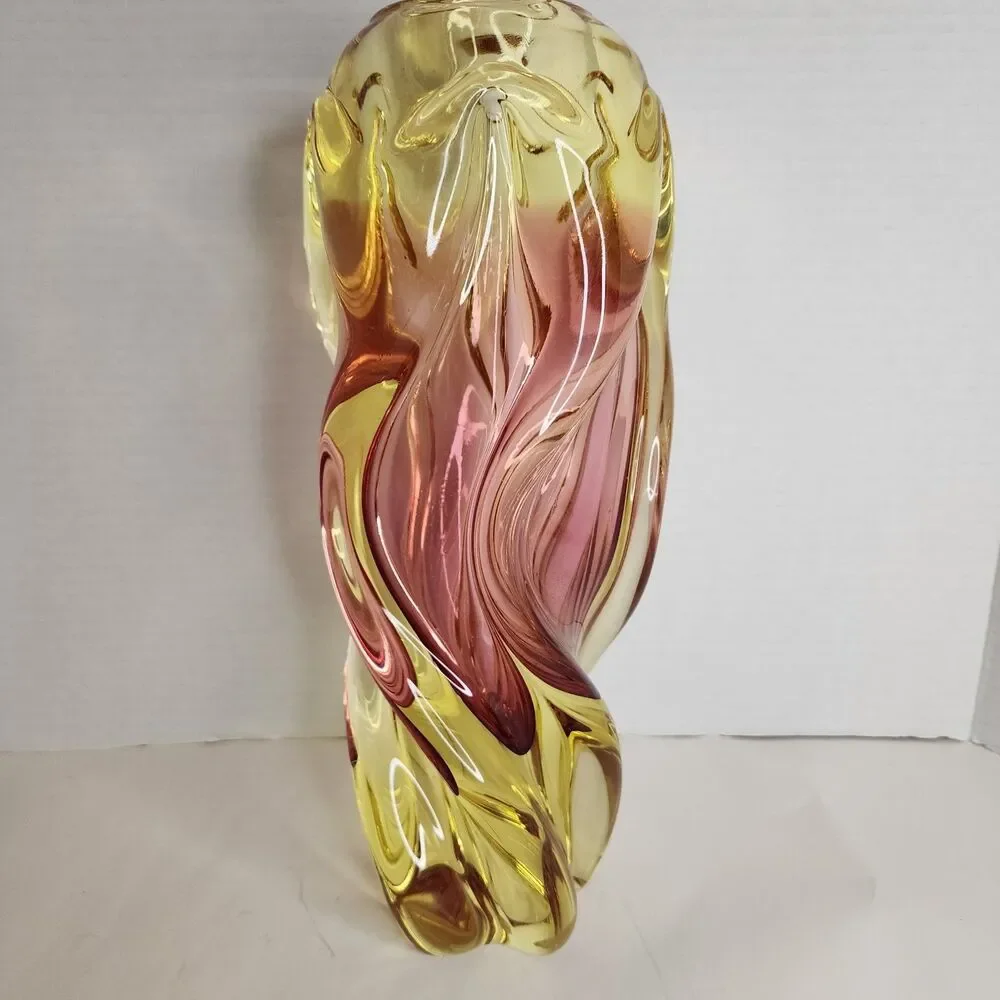 Vintage Hand Made Bohemia Glass Czech Republic Twisted Glass Vase Amber/Pink